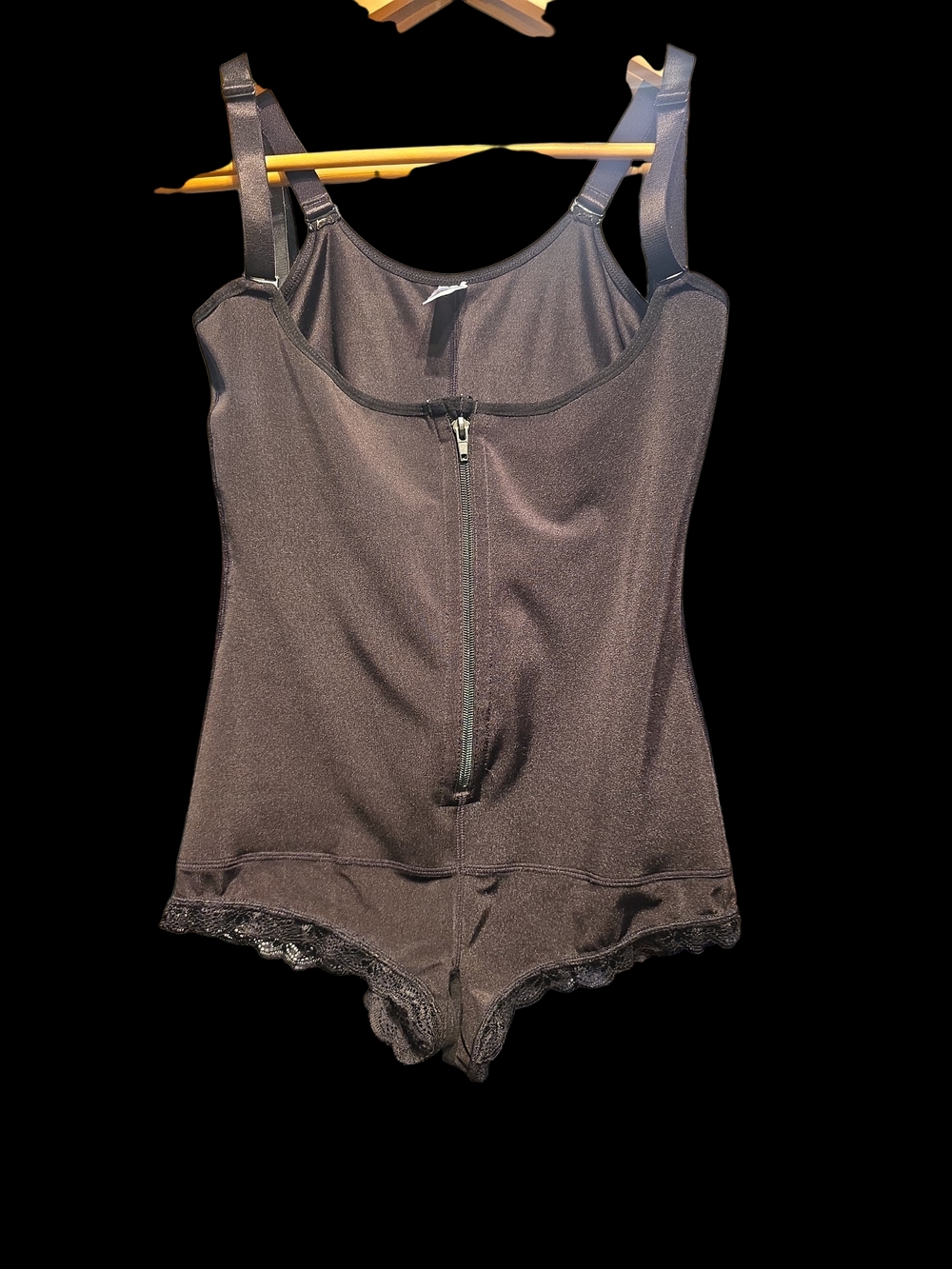 Sleek Black Zip-Front Shaping Bodysuit with Lace Boyshort Trim